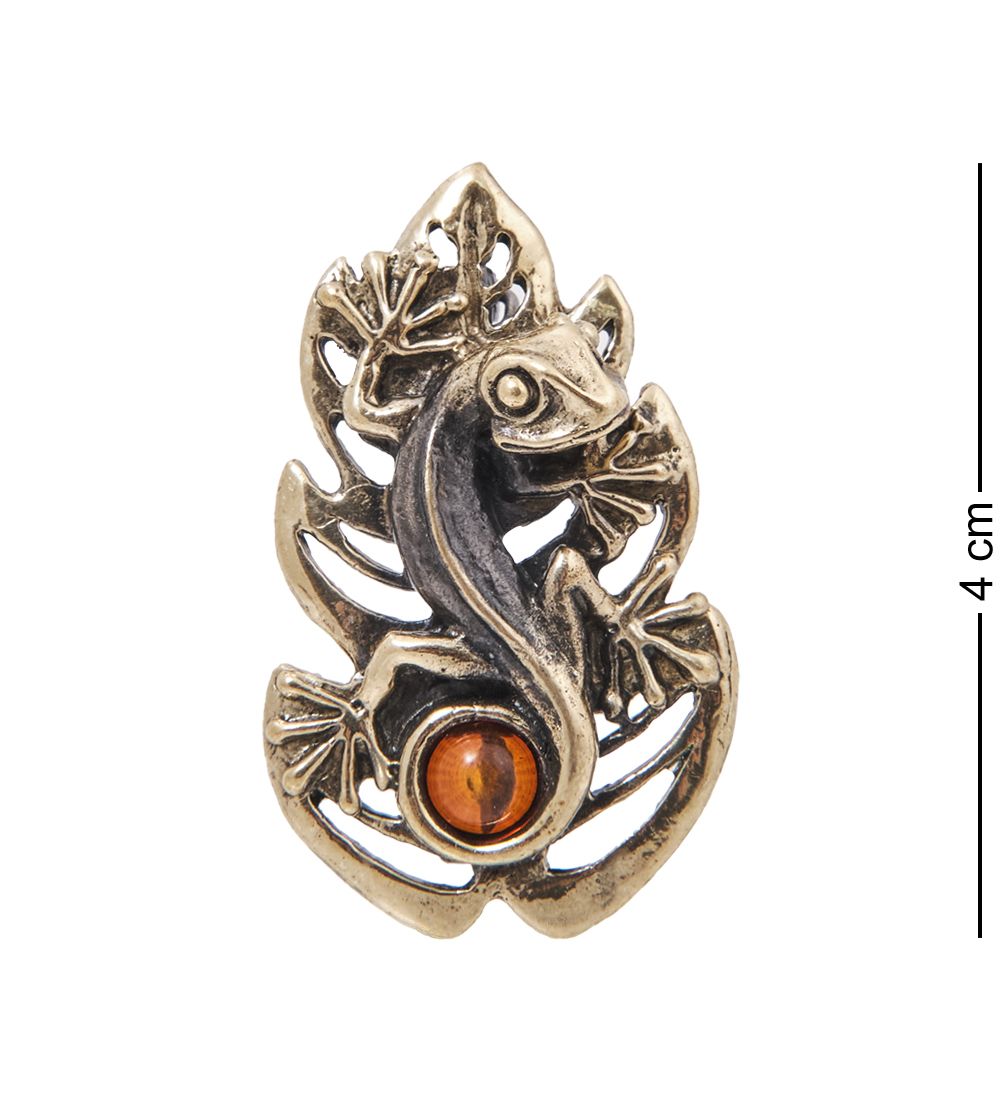 AM-4072 Брошь «Ящерка на листике» (латунь, янтарь)