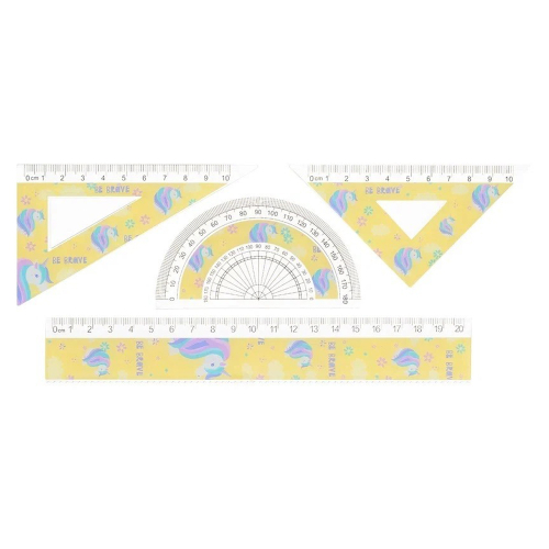 Линейка Basir пластиковая, набор 4 шт, серия "Единорог", 4 предмета: линейка 20 см, транспортир и два угольника