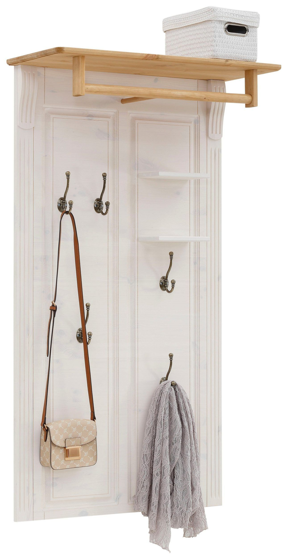 Вешалка настенная для одежды Сюзанна 80х32х140 см из массива сосны, деревянная вешалка в прихожую, белый/антик