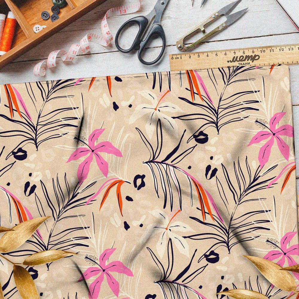 Ткань барби контурные листья с розовыми