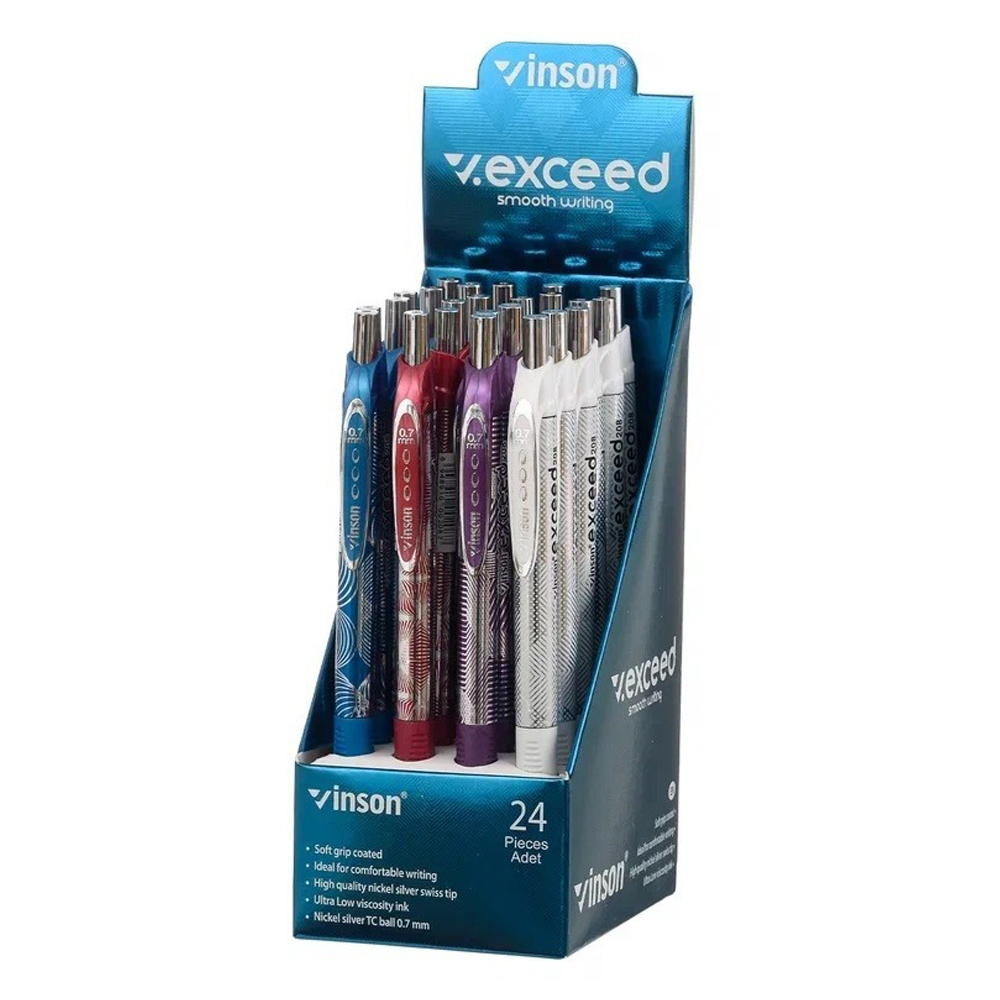 Ручка шариковая, масляная, автоматическая, Vinson, синие чернила, серия "VINSON EXCEED", 4 цвета корпуса, 24 шт