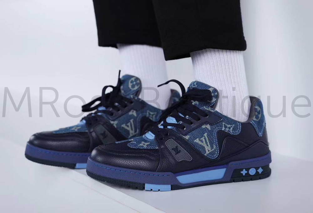 Темно-синие кроссовки LV Trainer Луи Виттон с джинсовыми вставками
