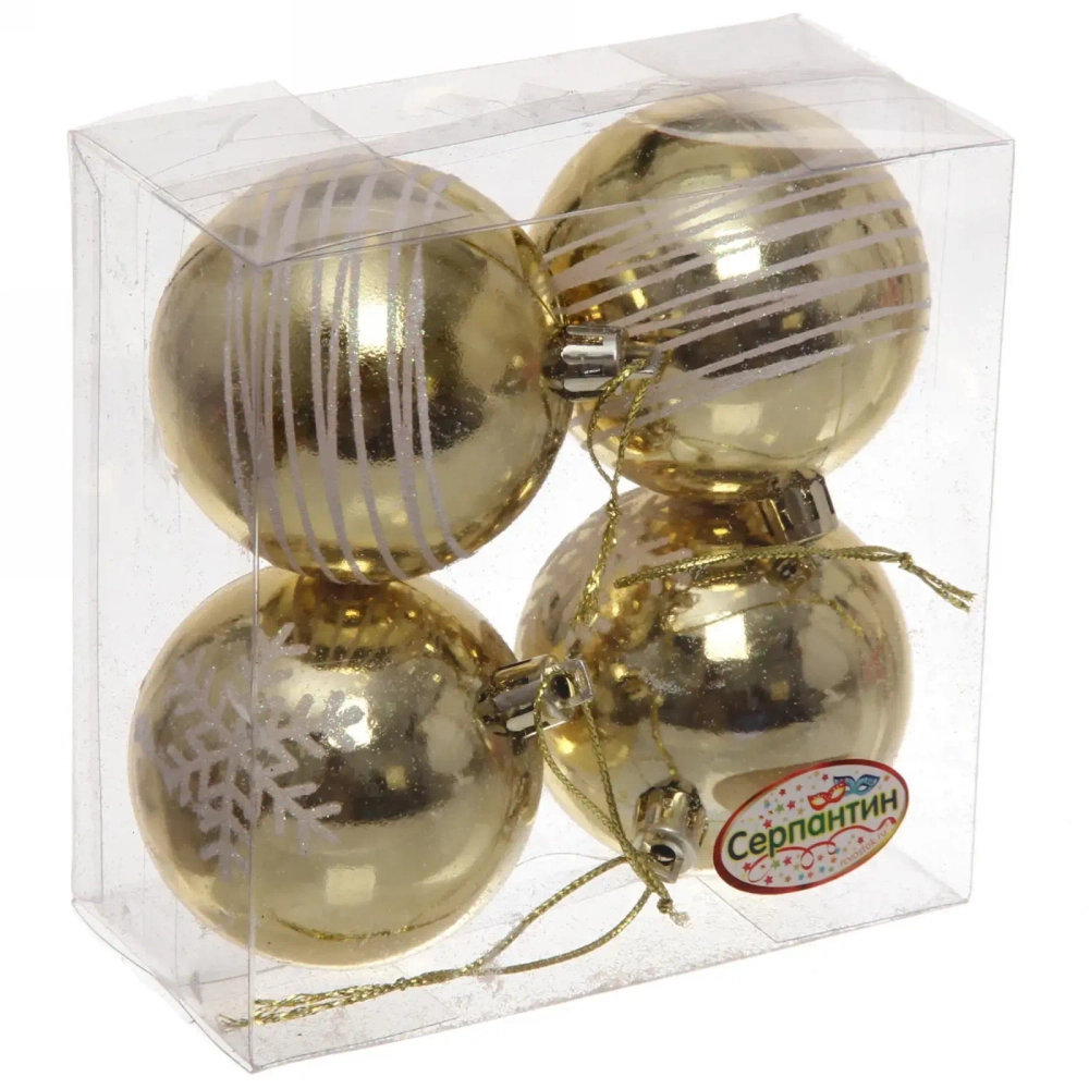 Новогодние шары 6 см (набор 4 шт) «Снежные нити», золото/белый
