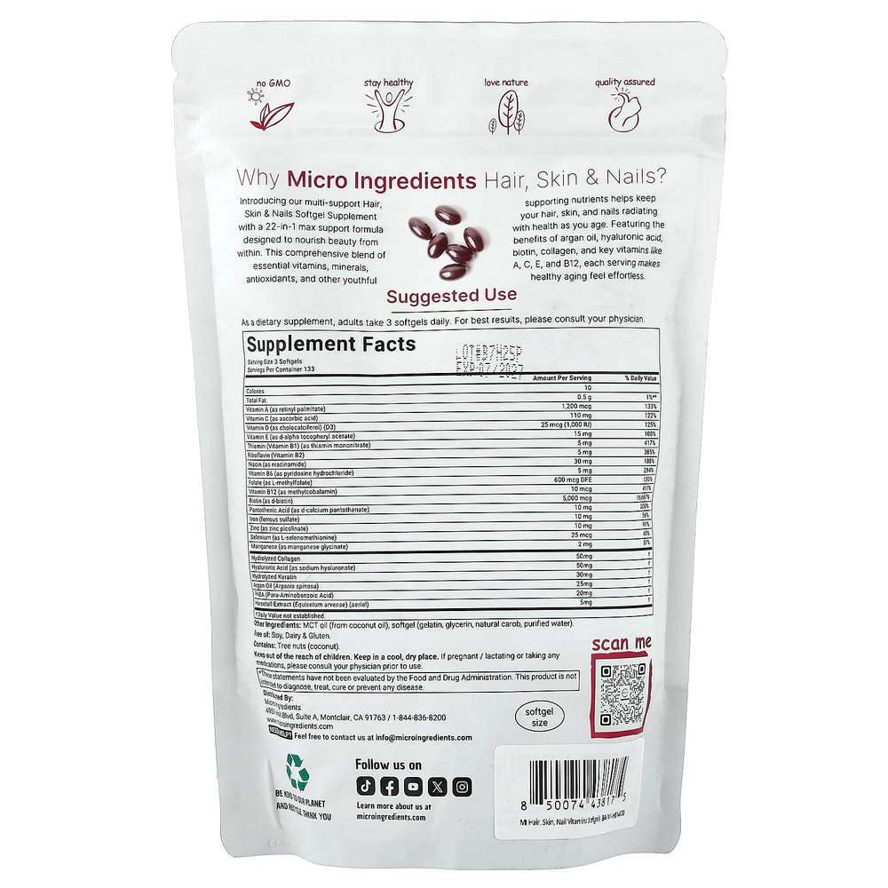 Micro Ingredients, волосы, кожа и ногти, 400 капсул