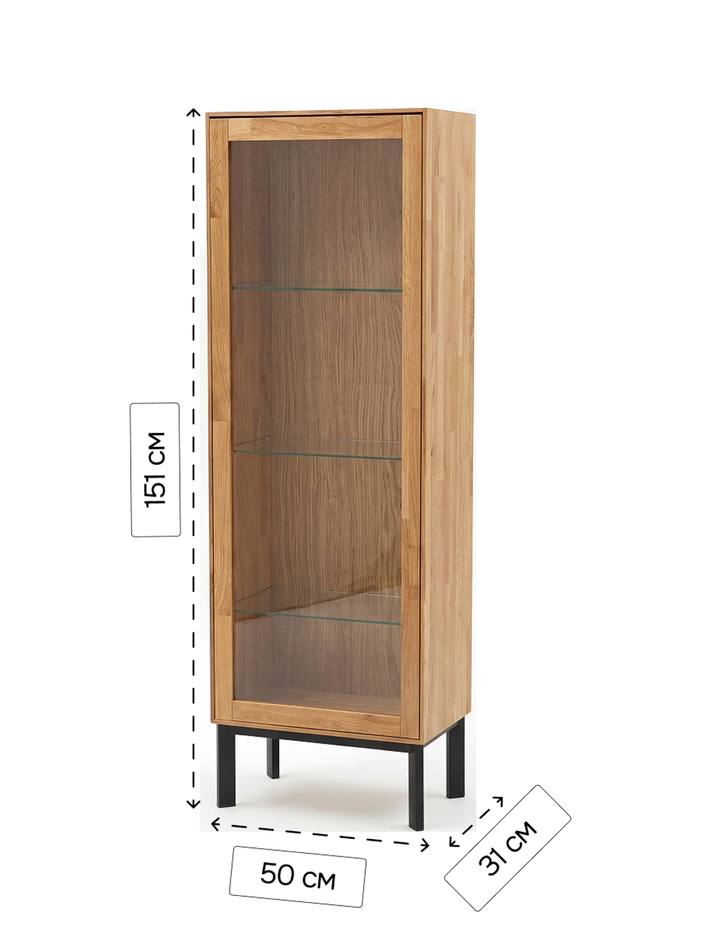 Шкаф витрина, 50х31х151, Виби, сервант для посуды, для книг, в стиле лофт, массив дуба, MAKOSA