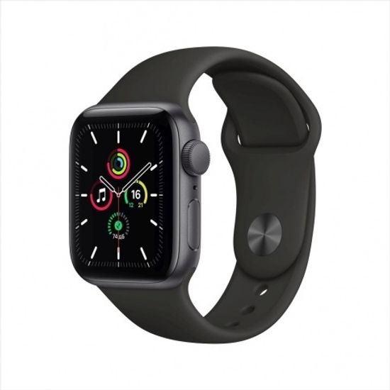 Apple Watch SE, 44 мм, корпус из алюминия цвета «серый космос», спортивный ремешок чёрного цвета