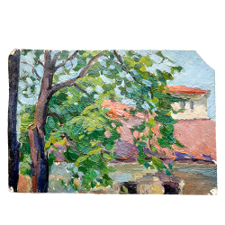 Динес Ю. С. Летний день. Дерево и крыша дома. Этюд. Картон, масло. 1954 г.