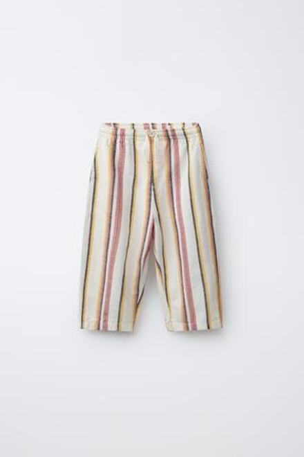 ZARA БРЮКИ BAGGY В ПОЛОСКУ ИЗ ХЛОПКА И ЛЬНА, РАЗНОЦВЕТНЫЙ