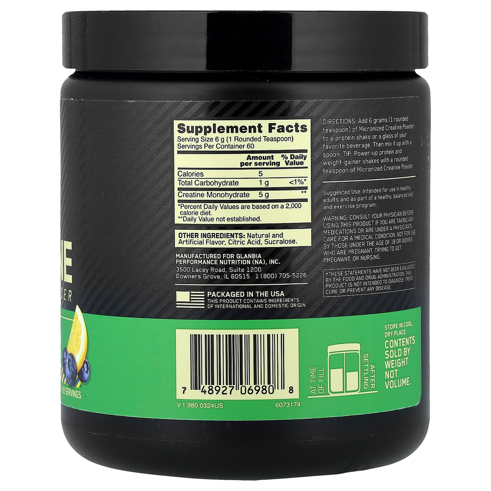 Optimum Nutrition, Микронизированный креатин в порошке, черничный лимонад, 360 г (12,69 унции)