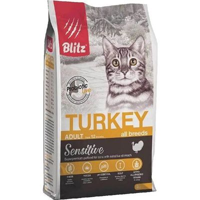 Сухой корм BLITZ Sensitive ADULT CATS TURKEY для взрослых кошек с индейкой, Пакет 2 кг