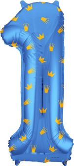 Шар (34''/86 см) Цифра, 1 Золотые короны, Голубой, 1 шт. в уп.