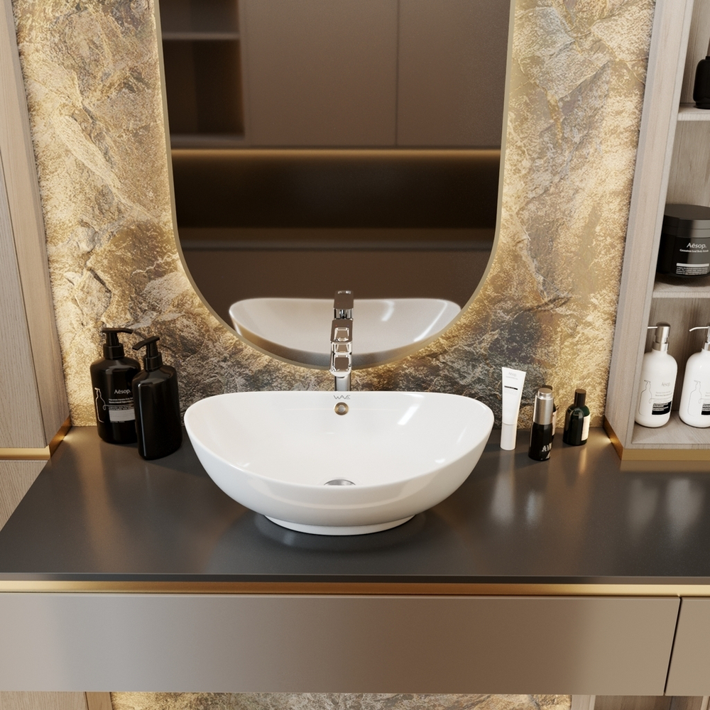 Раковина накладная на столешницу WAVE Star 590*390*195 ш*г*в с переливом,белый,овал