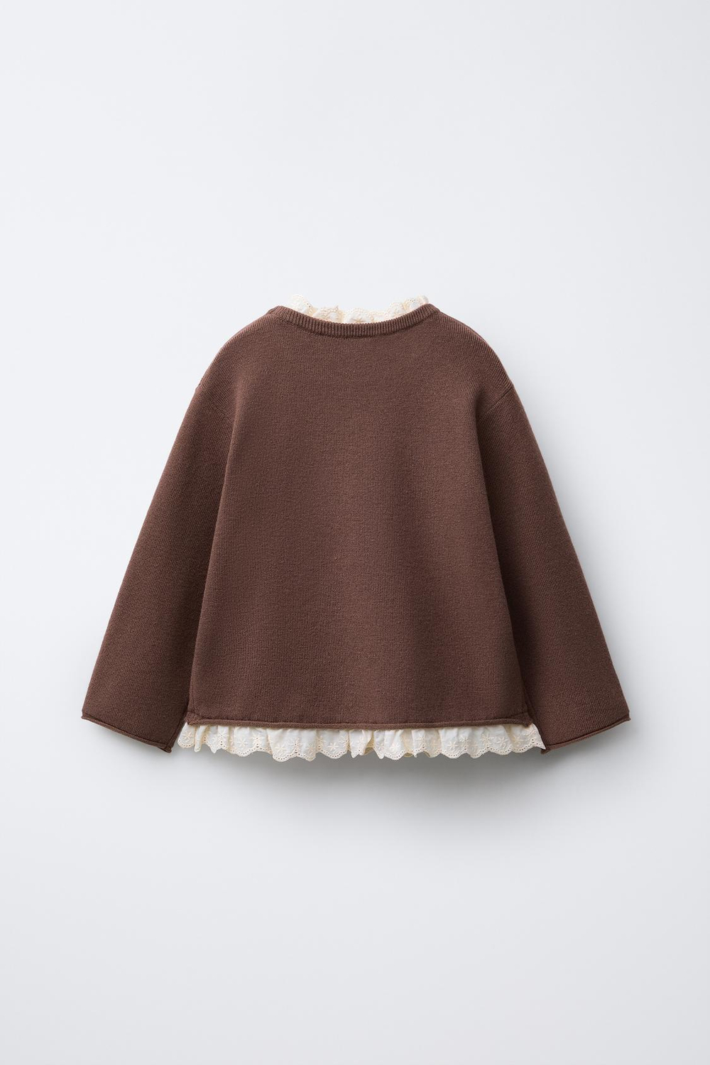 ZARA СВИТЕР С КРУЖЕВОМ И ВЫШИВКОЙ, ШКОЛАДНЫЙ
