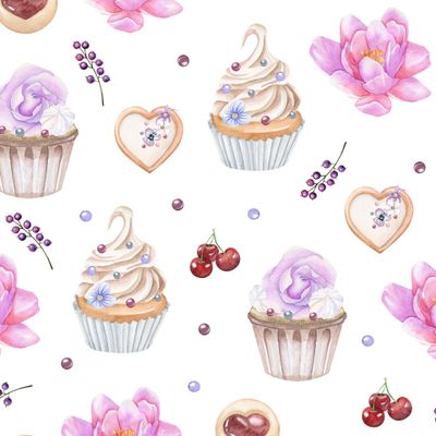 Капкейки и розовые цветы на белом фоне