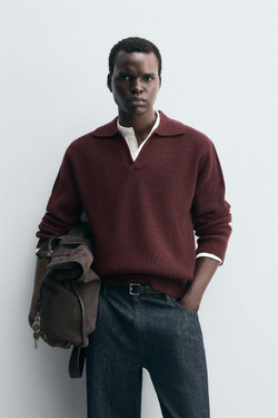 ZARA ПОЛО ИЗ ДВУХИЗНАНОЧНОГО ТРИКОТАЖА, БУРГУНДИ