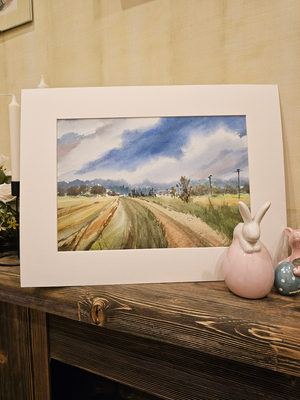 Картина акварельная в паспарту 30х40 см на стену для интерьера "Сельская дорога в Веребково"