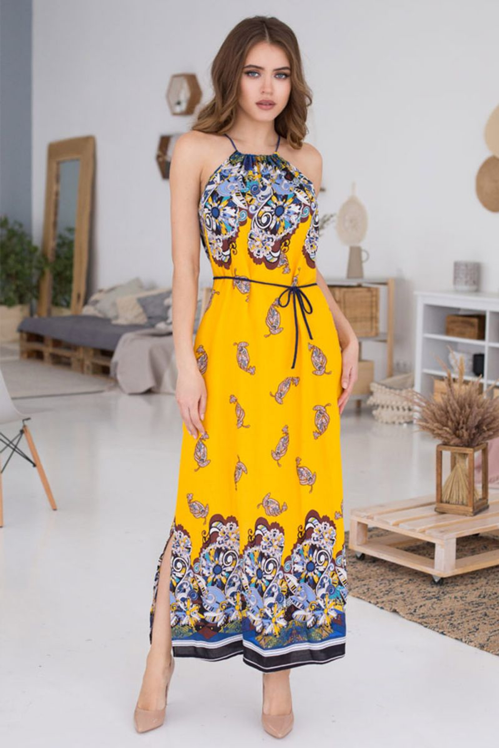 Длинное приталенное платье с разрезами по бокам (Размер: M) (Цвет: желтый)