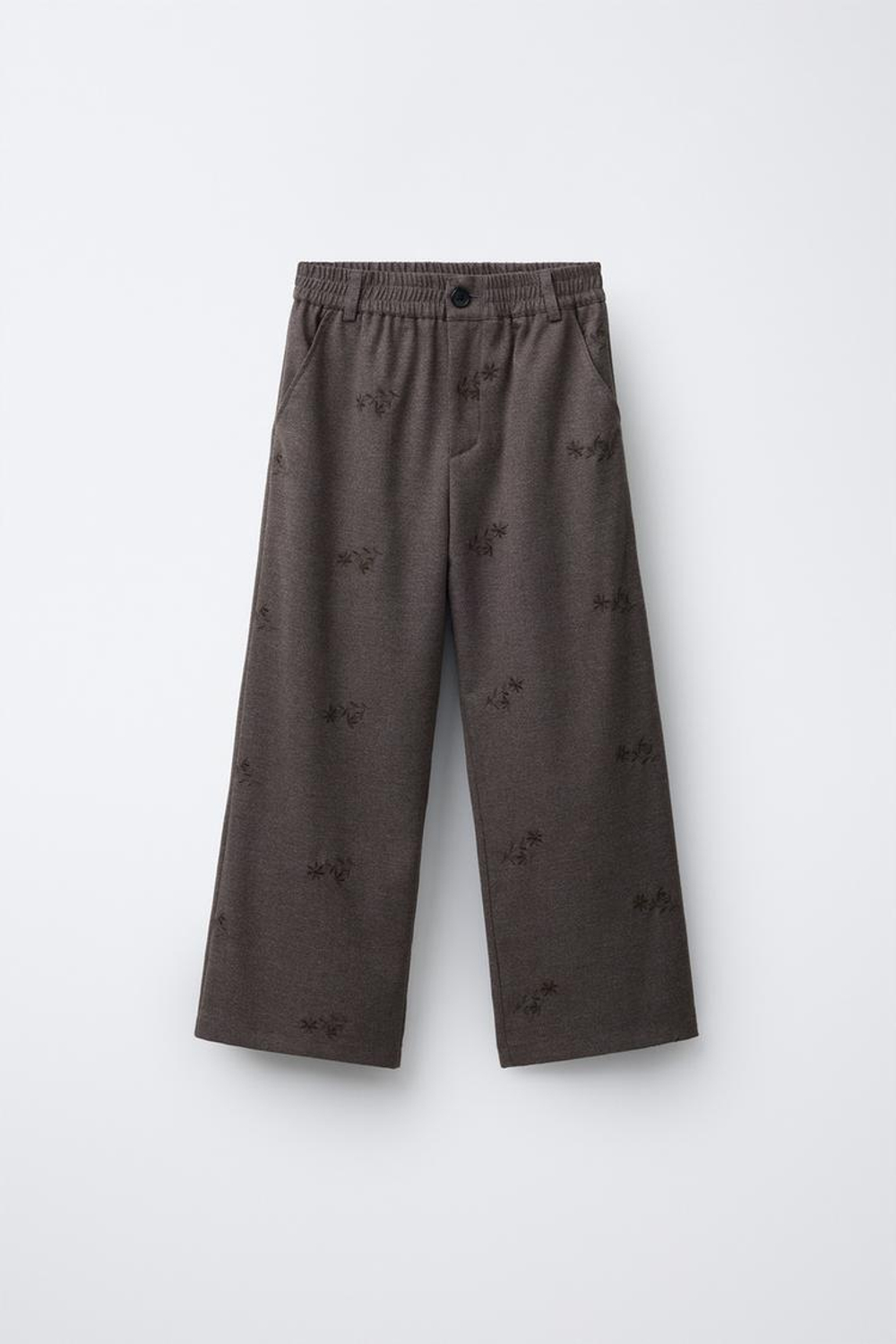 ZARA МЯГКИЕ БРЮКИ BARREL С ВЫШИВКОЙ ЦВЕТОВ, СЕРОВАТО-КОРИЧНЕВЫЙ
