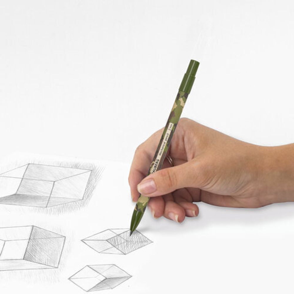 Карандаш механический цанговый 2 мм, BRAUBERG PRINT MILITARY, HB, встроенная точилка, корпус ассорти, 181962