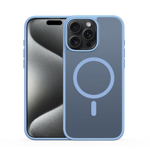 Прозрачный матовый чехол с синими рамками (Light Blue) и с MagSafe от Dux Ducis для iPhone 15 Pro, серия Yind Series Case