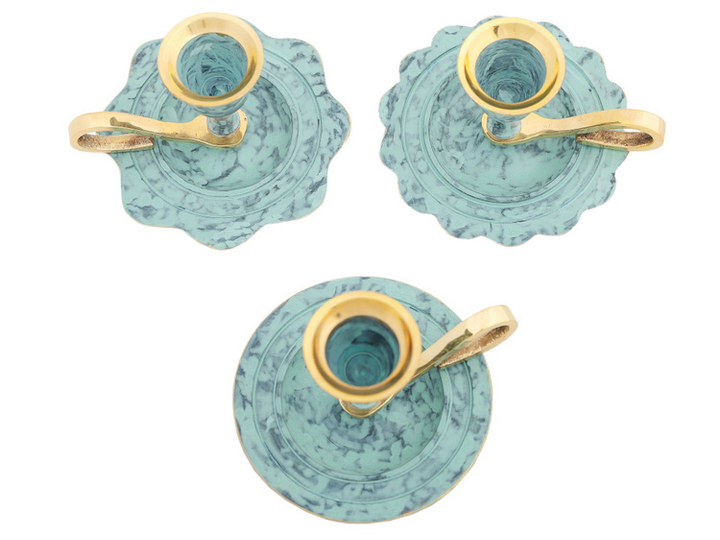 Подсвечник с ручкой тарелка 14 лепестков голубая эмаль, латунь (полиш) 9,5x8x6 см