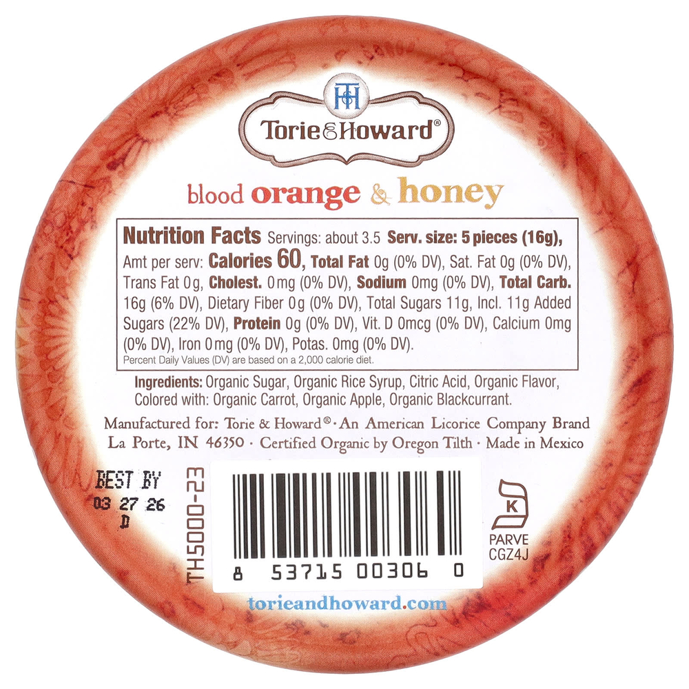 Torie & Howard, Органические леденцы, красный апельсин и мед, 57 г (2 унции)