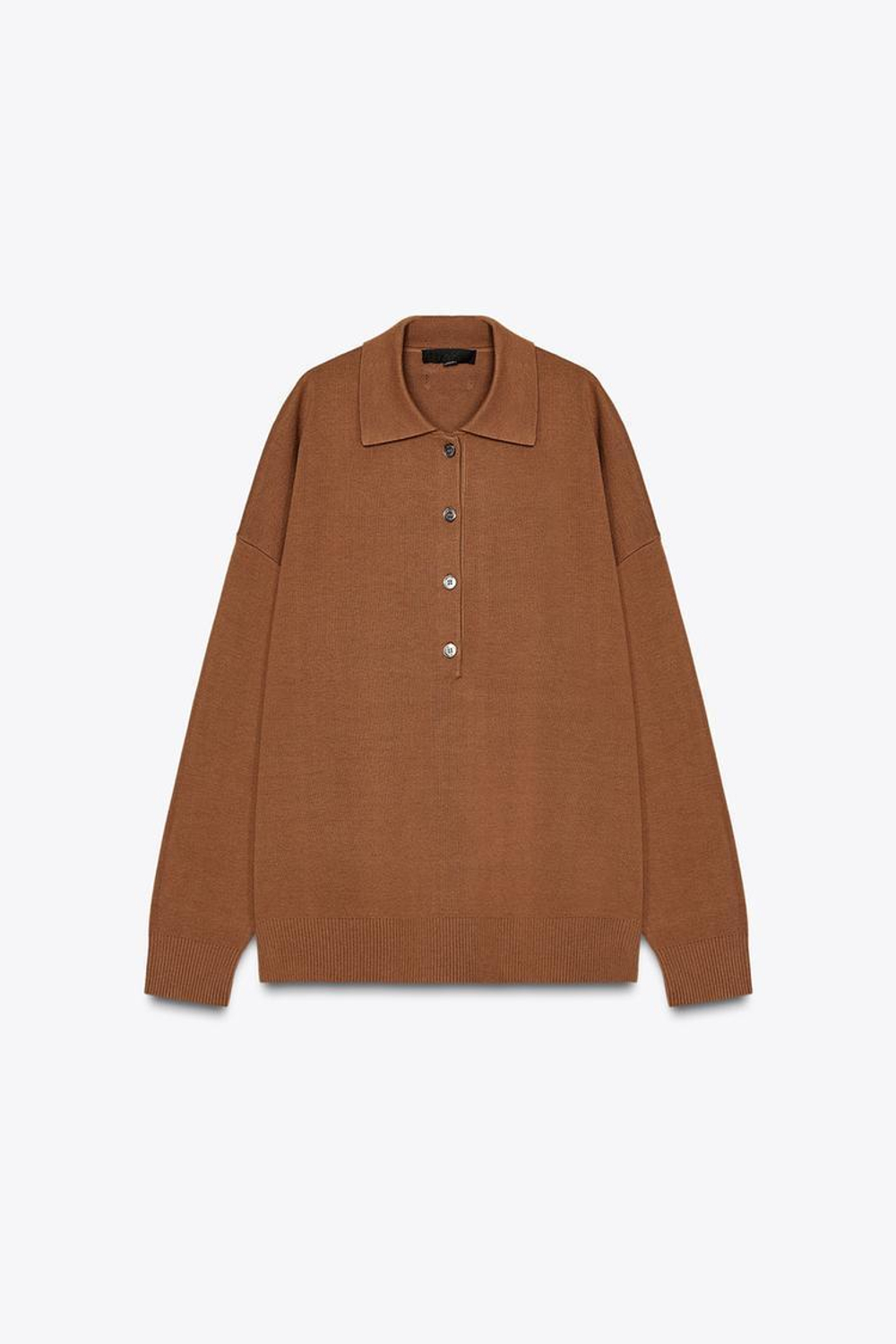 ZARA ОДНОТОННЫЙ ТРИКОТАЖНЫЙ СВИТЕР ПОЛО ОВЕРСАЙЗ, КОНЬЯЧНЫЙ