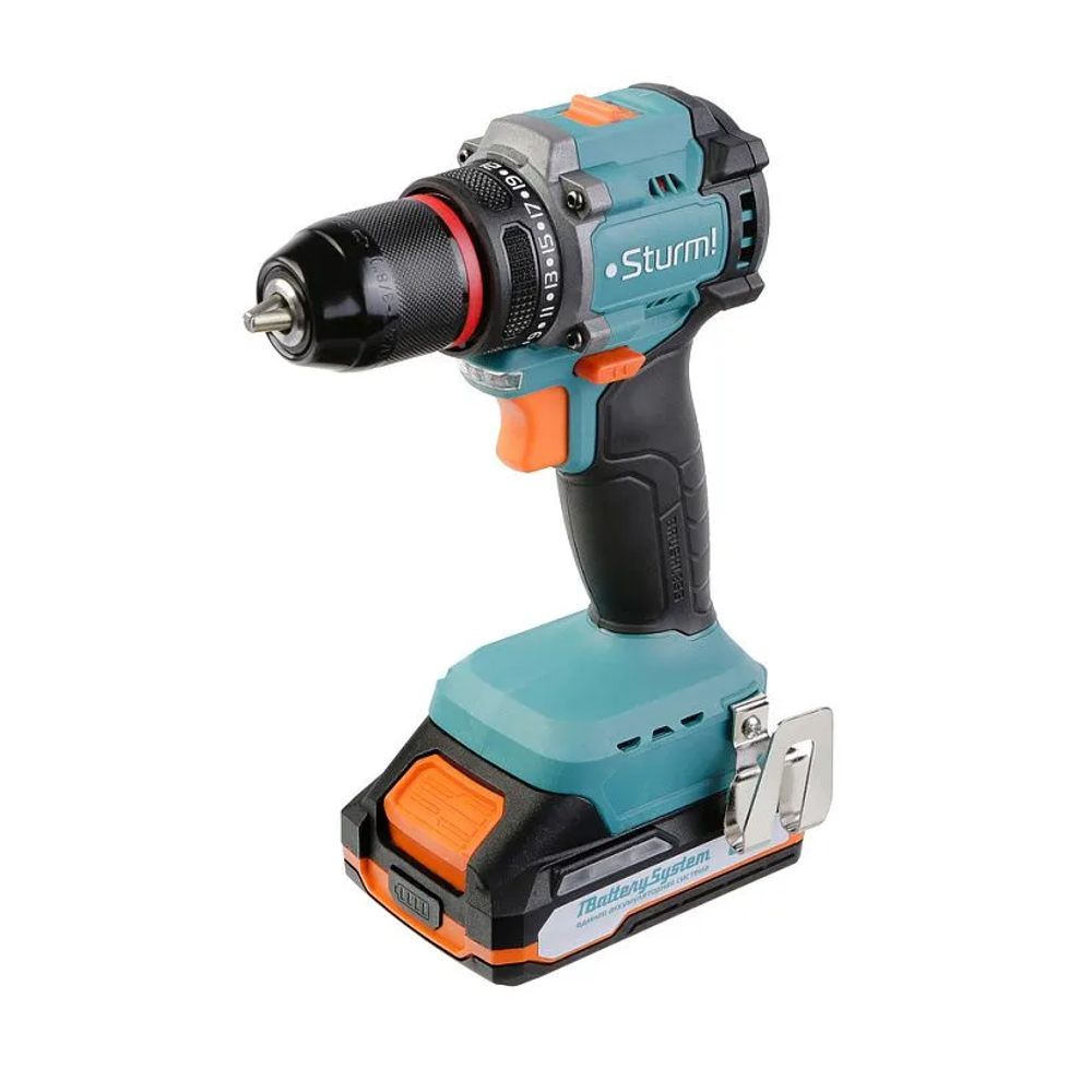 Шуруповерт аккумуляторный бесщеточный 18В, крутящий момент 60Нм, патрон 10мм, аккумулятор 2.0Ач, система 1BatterySystem, Sturm!
