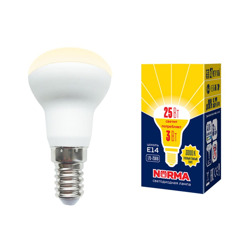 LED-R39-3W/3000K/E14/FR/NR Лампа светодиодная. Форма Рефлектор, матовая. Серия Norma. Теплый белый свет (3000K). Картон. ТМ Volpe