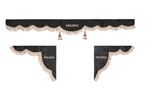 Ламбрекен с косынками стеганые Isuzu (экокожа, черный, бежевая бахрома "закрутка")