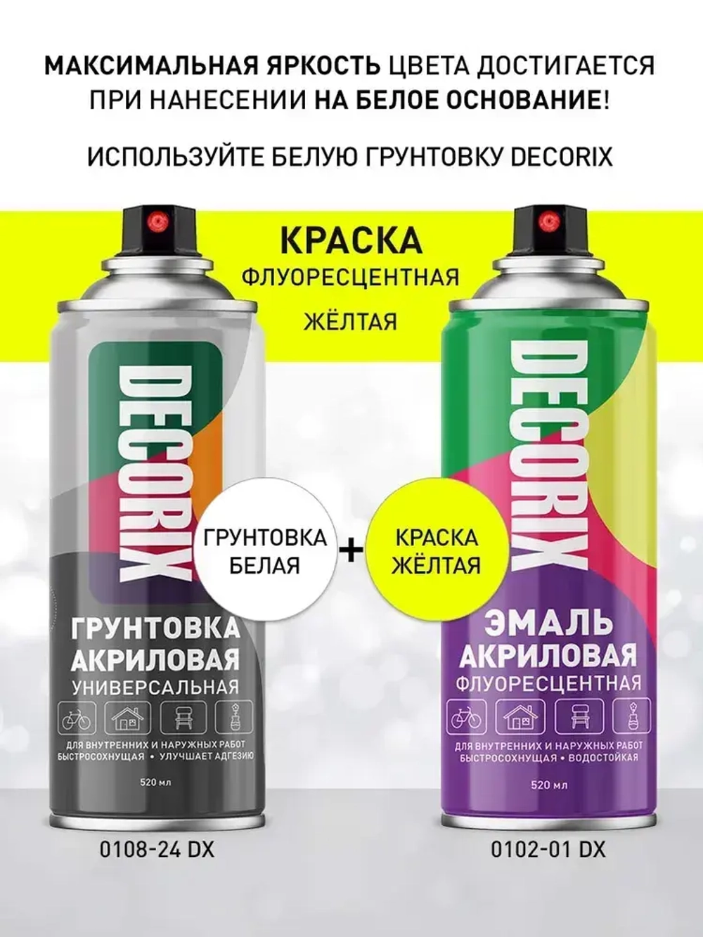 Краска аэрозольная желтая флуоресцентная матовая DECORIX - эмаль акриловая в баллончике для любых поверхностей 520 мл