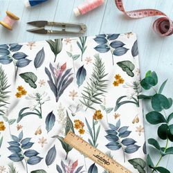 Ткань футер 2-х нитка маслом нарисованные полевые листья