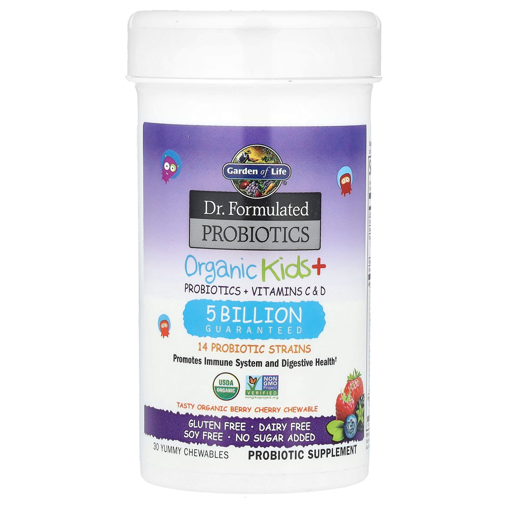 Garden of Life, Dr. Formated Probiotics, Organic Kids +, вкусные органические ягоды и вишня, 30 вкусных жевательных таблеток
