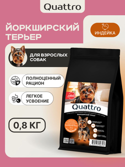 Корм сухой для взрослых собак породы Йоркширский терьер, с индейкой, 800 гр, QUATTRO