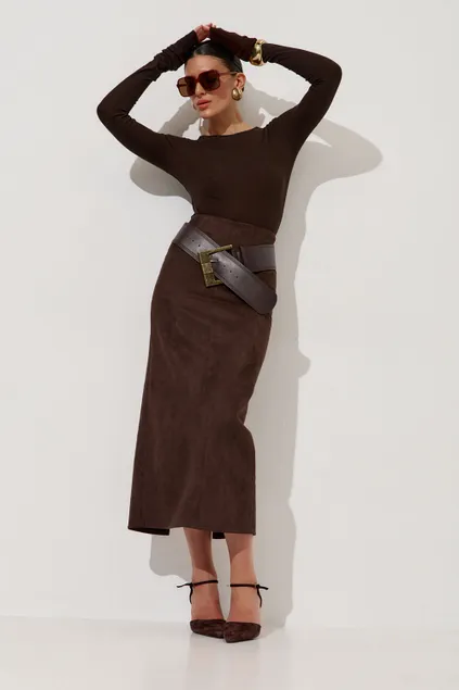Юбка карандаш из экозамши цвета шоколад
