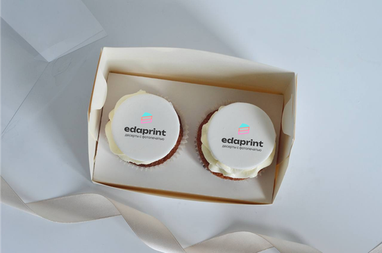 Капкейки с логотипом, печать на мастике, упаковка на 2 шт