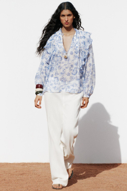 ZARA БЛУЗА ИЗ ТКАНИ С ПРИНТОМ СО СБОРКАМИ И ВОЛАНАМИ, СИНИЙ/БЕЛЫЙ