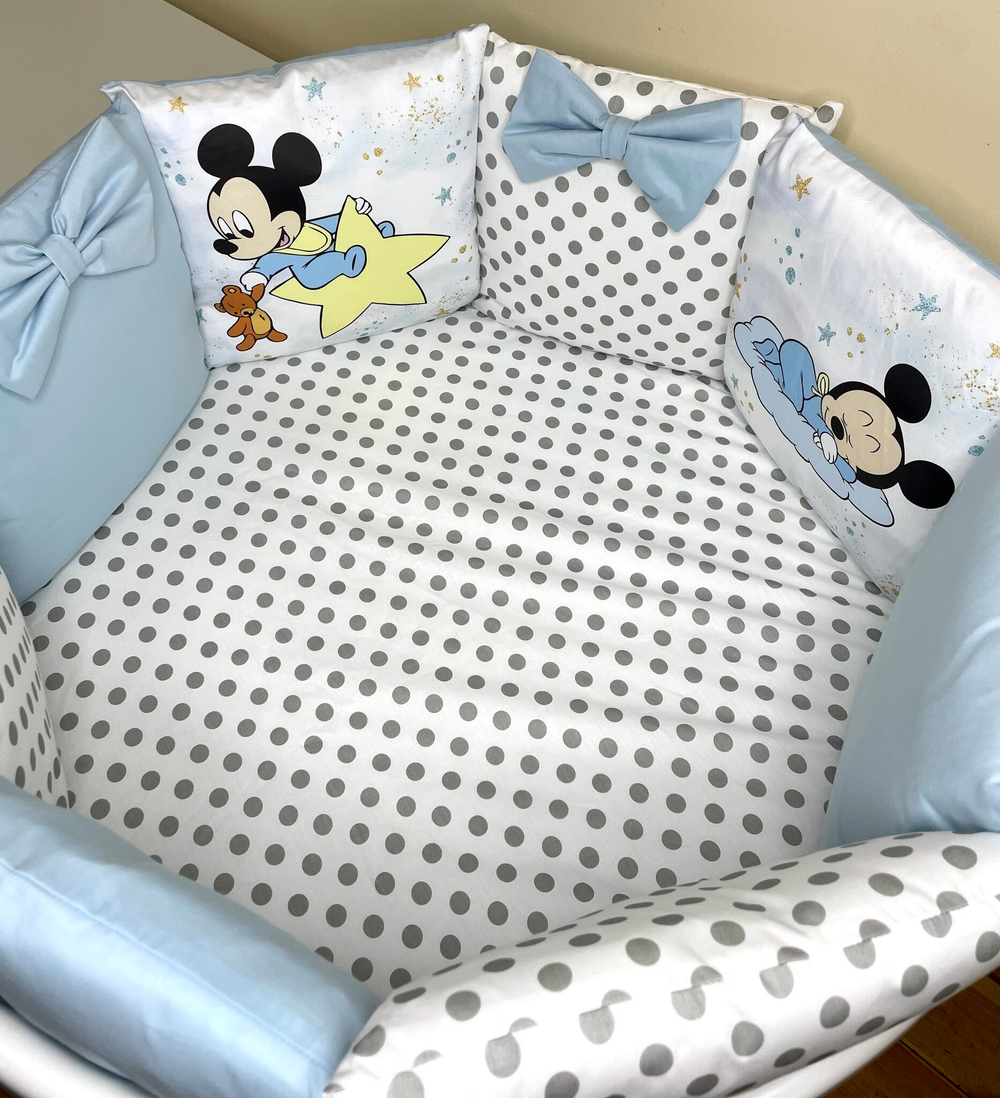 Комплект в кроватку 18 предметов "Микки Маус" голубой, сатин