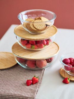 Набор из 4-х стеклянных мисок Eco Store с крышками из бамбука