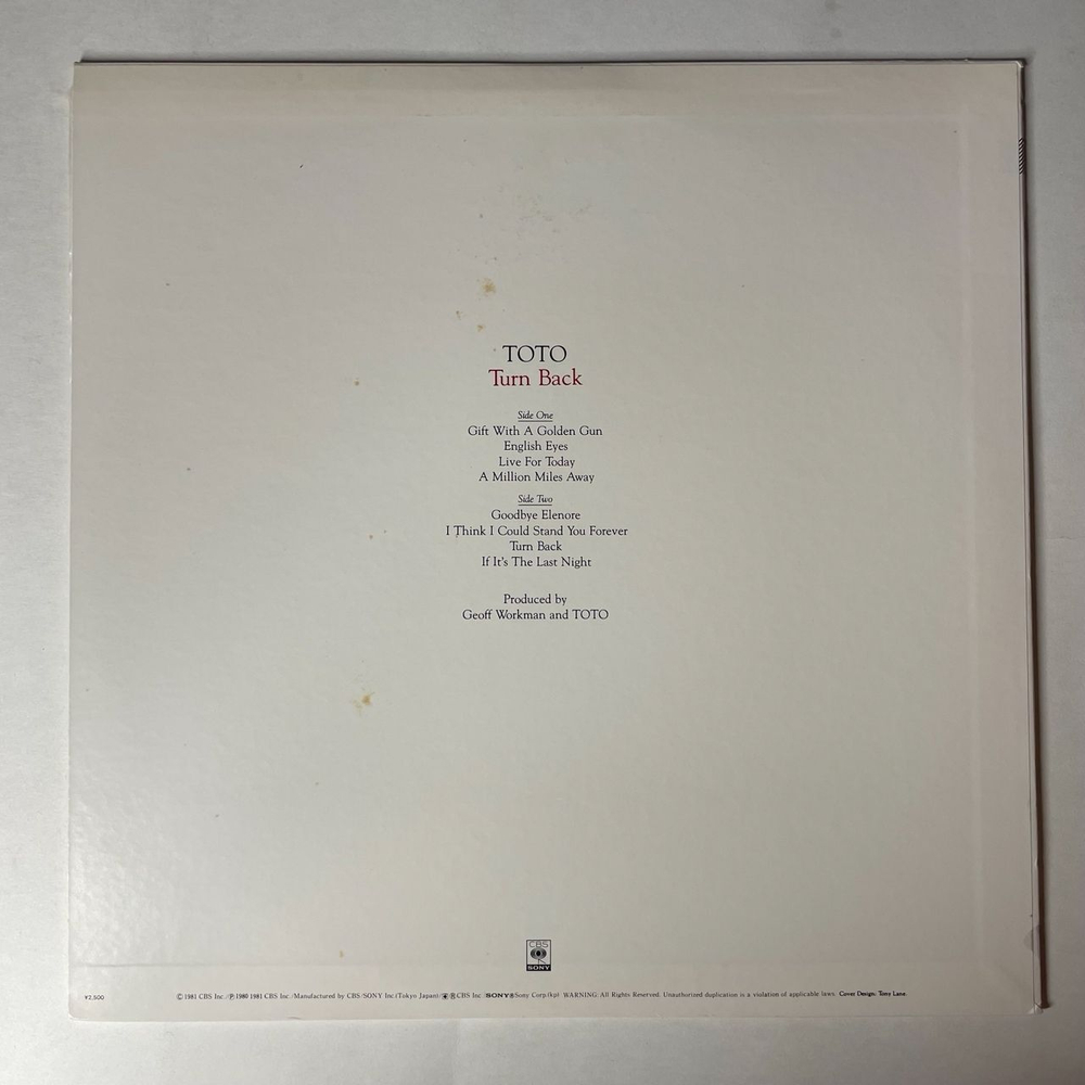 Винтажная виниловая пластинка LP Toto Turn Back (Japan 1981) (No Obi) Gift With A Golden Gun