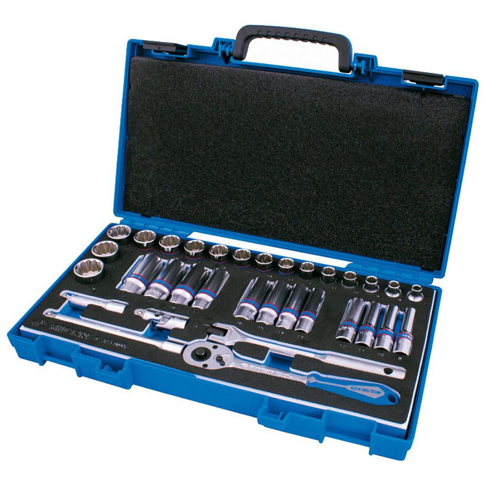 KING TONY (3033MRV) Набор торцевых головок с принадлежностями 3/8", 12-гранные, 7-24 мм, 33 предмета