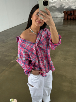 Рубашка трансформер в клетку розовая