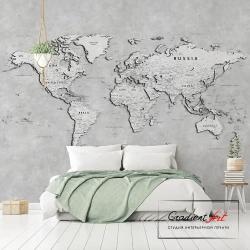 Фотообои карта мира бетон лофт "Карта мира" 315см x 270см флизелин премиум моющиеся GradientArt WM2W315270LG