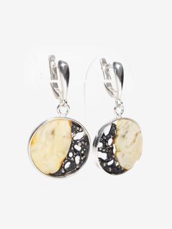 Уникальный серебряный комплект с цельным пейзажным янтарем, серебро 925 пробы