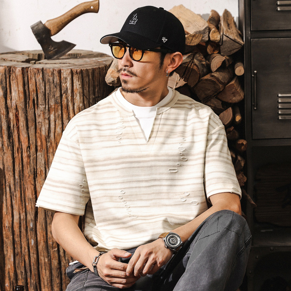 Футболка двойная обманка с разрезом, полосатая