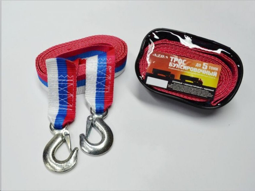 Трос буксир. (5 т) лента 2 крюка /4,5 м/ усилен.+перчатки в сумке (A-TOL)