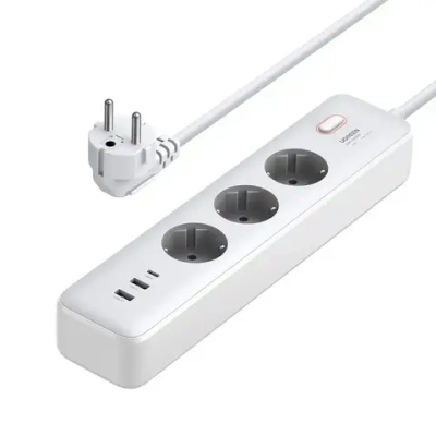 Сетевой фильтр (удлинитель) UGREEN CD286 (25357) с розетками 30W 3AC Power Strip with Master Switch (2A1C) EU. Цвет: белый