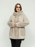 Дубленка искусственная двусторонняя женская еврозима короткая с капюшоном большие размеры