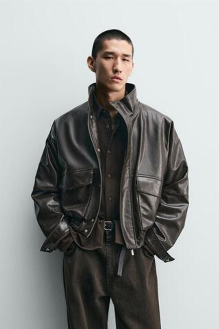 ZARA УКОРОЧЕННАЯ КУРТКА ИЗ ИСКУССТВЕННОЙ КОЖИ, КОРИЧНЕВЫЙ