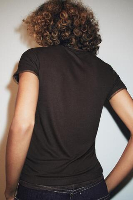 ZARA ФУТБОЛКА КОМБИНИРОВАННАЯ, ШОКОЛАДНО-КОРИЧНЕВЫЙ